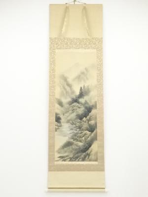 春光筆　山水　肉筆絹本掛軸（共箱）